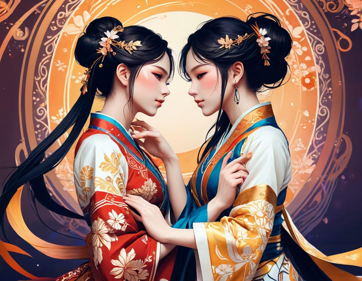 A sophisticated and vibrant illustration showcasing a blend of traditional and modern anime art styles, focusing on a beautifully crafted scene of two elegantly designed characters in a tasteful, intimate moment. The background features abstract patterns symbolizing the intertwining of art and sensuality, with warm and inviting color tones. The characters express deep connection and emotion through their poses. Incorporate elements of fantasy to enhance the allure. . super-realistic. vibrant colors. digital painting.