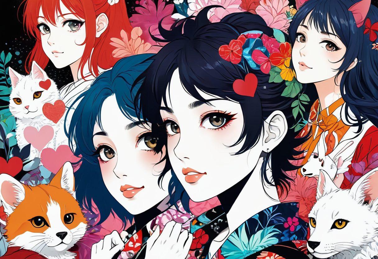 A colorful collage depicting the evolution of erotic manga, featuring key elements from shoujo art styles merging into furry aesthetics. Include bold and expressive characters, elaborate backgrounds showcasing different otaku subcultures, and hints of romance and adventure. The composition should convey a sense of community and diverse storytelling with playful elements. vibrant colors. digital art.