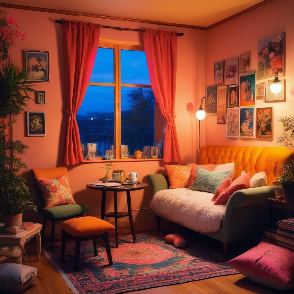 A vibrant, stylized scene depicting a cozy reading nook adorned with colorful hentai manga books, showcasing intricately illustrated characters in romantic poses. Soft lighting accentuates the allure of the manga art, with whimsical posters on the walls featuring iconic scenes. A cup of steaming tea rests on a small table amidst plush cushions, inviting the viewer to immerse in the world of illustrated romance. surreal art. vivid colors. warm ambiance.
